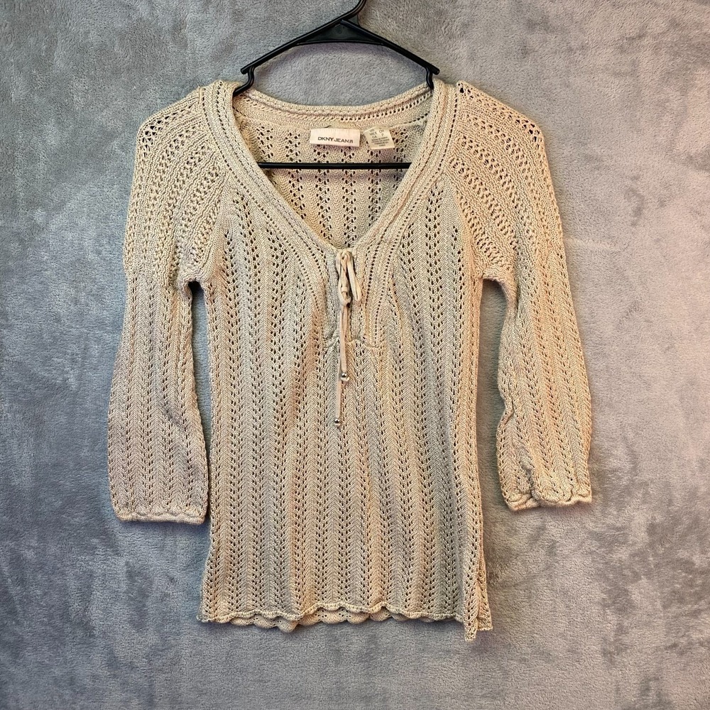 DKNY Jeans Women's Sweater Top S Beige Open Knit Lace Up 3/4 Sleeve